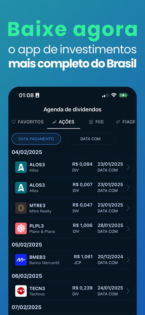 Análise de Ações - La sezione 'Agenda de dividendos' organizza i pagamenti futuri per data ('DATA PAGAMENTO'), elencando gli asset e i rispettivi importi dei proventi (R$, DIV, JCP).
