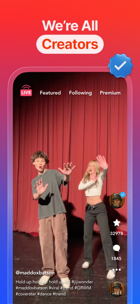Coverstar - Positive Social - This vibrant display showcases the app's dynamic live content feed, complete with interactive elements like the 'Live' indicator and real-time user engagement metrics.