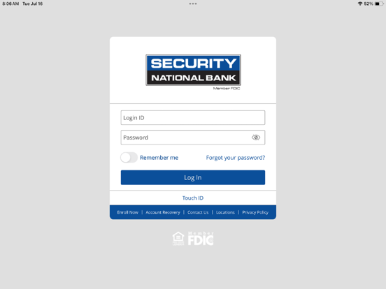 Security Nat’l Mobile Banking iPad screenshot 1 - Finance app