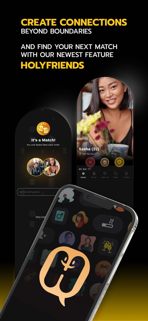 Holywings - 「HolyFriends」機能により、「It's a Match!」通知で新たな出会いを発見し、「Sasha (22)」のようなユーザープロフィールを閲覧して会話を始めることができます。