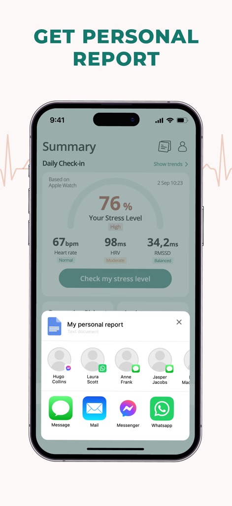 Pulsebit: Heart Rate Monitor - Los usuarios pueden acceder a un 'Resumen' con su 'Nivel de Estrés' y compartir informes personales con contactos o aplicaciones de mensajería, como 'WhatsApp'.