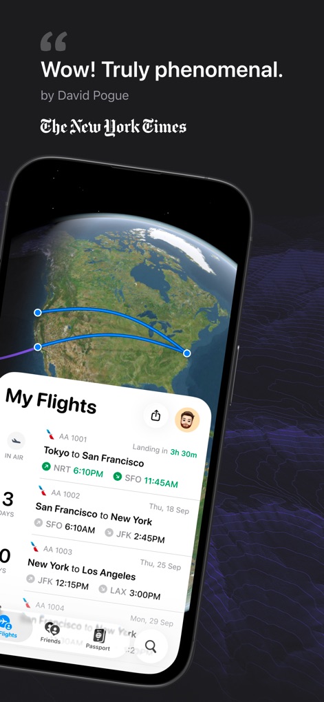 Flighty – Live Flight Tracker - Nutzer können ihre gesamte Reiseplanung übersichtlich verfolgen, inklusive einer globalen Kartenansicht der Flugrouten und einer detaillierten Liste der bevorstehenden Flüge mit Zeiten und Zielen.