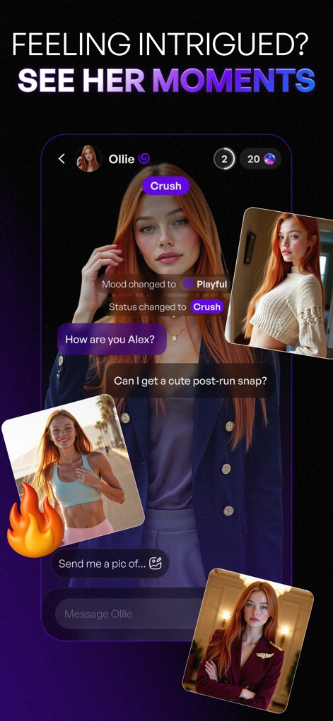 EVA AI Soulmate - The app provides an immersive chat environment where users interact with AI characters, revealing their "Mood changed to Playful" status and engaging with personal photo updates.