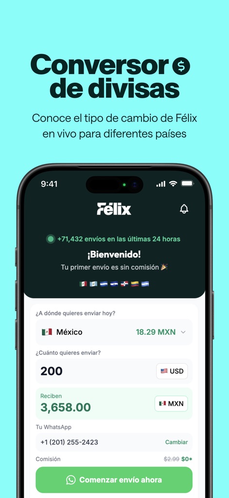 Félix Pago - Envíos de dinero - Esta interfaz muestra el conversor de divisas con el campo para ingresar el monto a enviar y el tipo de cambio en vivo, garantizando transparencia y control al usuario.