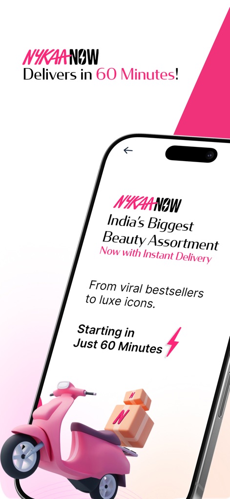 Nykaa – Makeup/Beauty Shopping - Nykaa Now introduce un servizio di "consegna in 60 minuti" per i prodotti di bellezza, sottolineato dall'immagine di un "motorino con pacchi", assicurando un acquisto veloce per gli utenti.