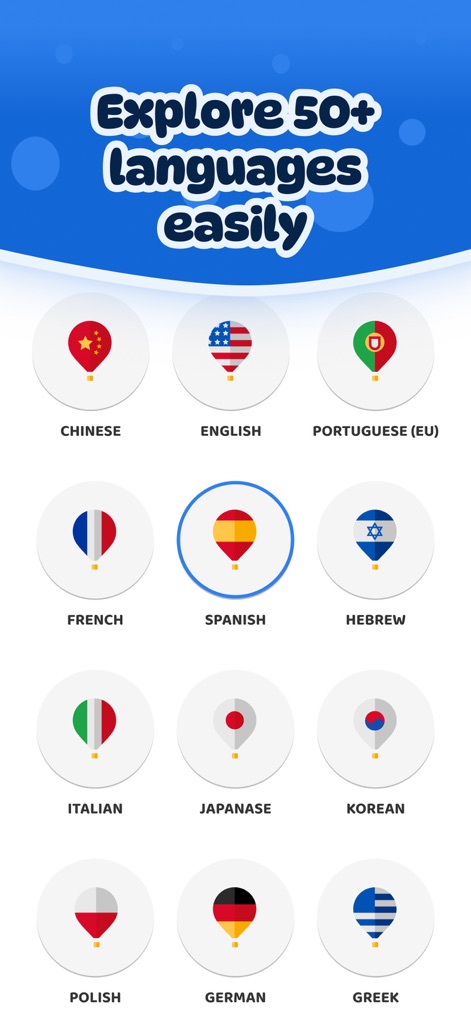 Dinolingo Kids Learn Languages - The app showcases an intuitive language selection interface, allowing users to choose from a wide array of over 50 languages represented by engaging flag icons.
