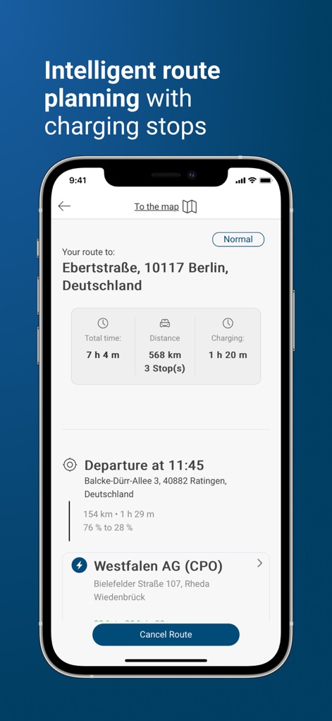 DKV Mobility - La aplicación ofrece una planificación de rutas inteligente para vehículos eléctricos, mostrando un resumen del viaje con "Total time" y "Distance", e integrando automáticamente las "3 Stop(s)" necesarias para la carga, como se ve en Westfalen AG.