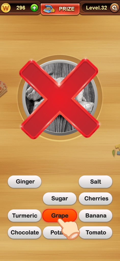 Word Connect ¤ - La aplicación ofrece retroalimentación clara e inmediata tras una selección incorrecta, visualizada con la gran "X" roja sobre la imagen y el efecto de escala de grises. Esto guía al usuario a través del aprendizaje, señalando errores como la elección de "Grape".