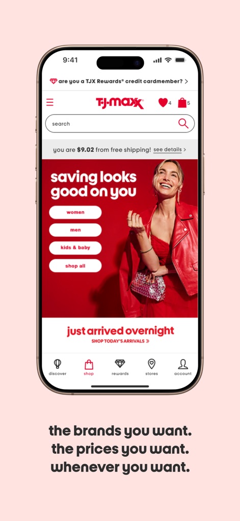 T.J.Maxx - The app's intuitive navigation bar, featuring 'discover' and 'shop' tabs, guides users to curated deals and the latest arrivals showcased in vibrant promotional banners.