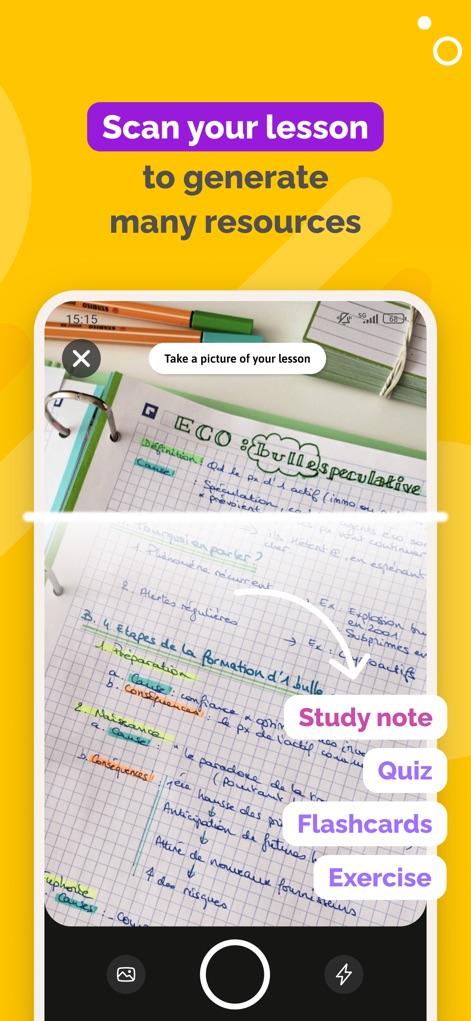 SchoolMouv - AI Tutor & Quiz - Observez la fonction de scan intelligente qui transforme vos notes manuscrites en ressources étudiables, avec des options pour générer une "Study note" et des "Flashcards" directement depuis votre cahier.