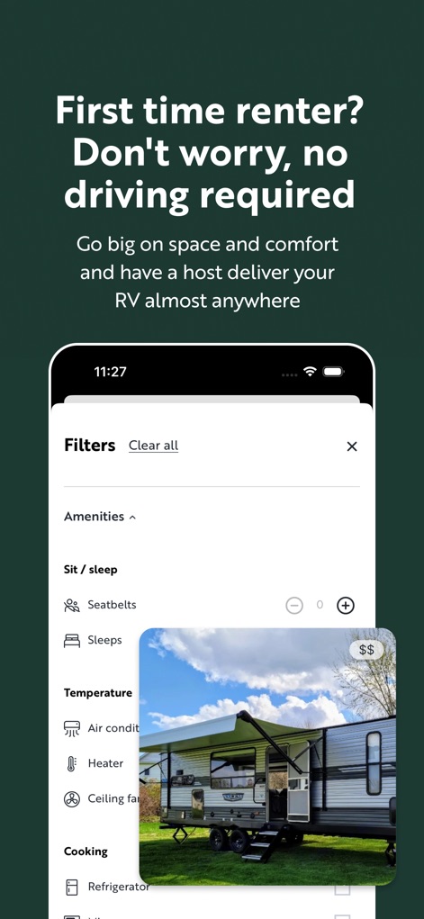 Outdoorsy - Rent an RV - 사용자는 이 앱에서 '편의 시설' 필터를 사용하여 '에어컨'이나 '히터' 같은 특정 조건을 설정할 수 있으며, 야외에 세워진 넓은 트레일러 RV의 모습을 확인할 수 있습니다.
