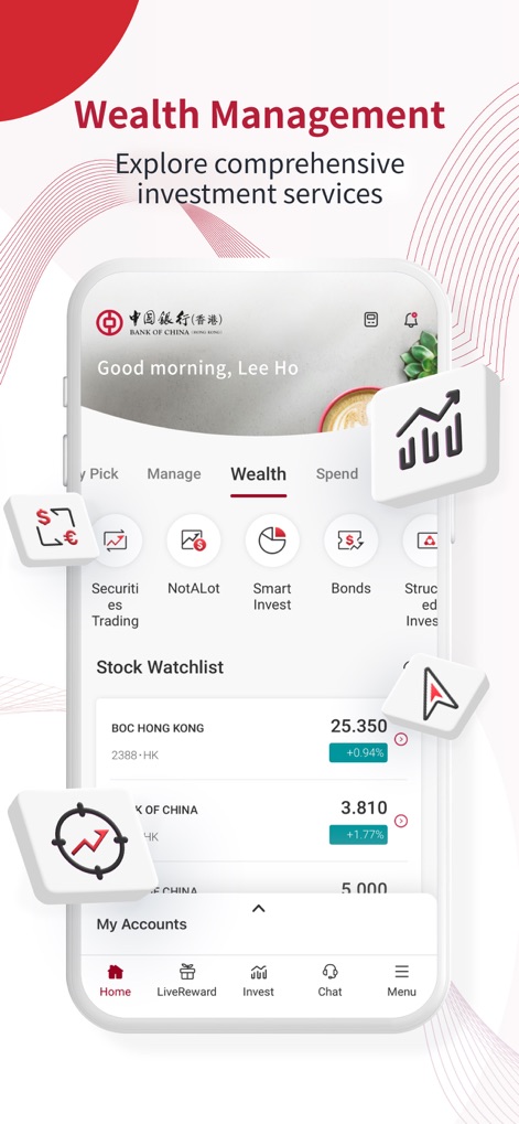 BOCHK 中銀香港 - The 'Wealth' management tab provides extensive investment services, from 'Securities Trading' to a dynamic 'Stock Watchlist' for tracking market performance.