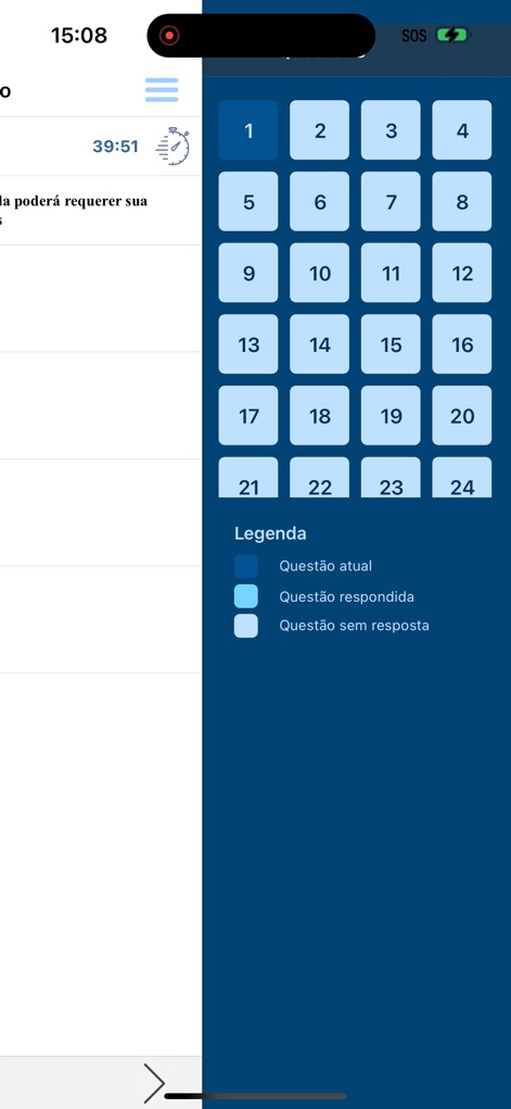 Simulado Detran.SP - A barra lateral permite ao usuário visualizar o status de cada questão através de uma 'grade numérica' e uma 'legenda de cores', facilitando o controle do progresso e a navegação entre as perguntas do simulado.