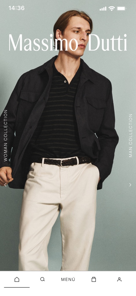 Massimo Dutti: Clothing store - Users can explore curated men's fashion, presented with a clean aesthetic and easily switch between 'WOMAN COLLECTION' and 'MAN COLLECTION' views.