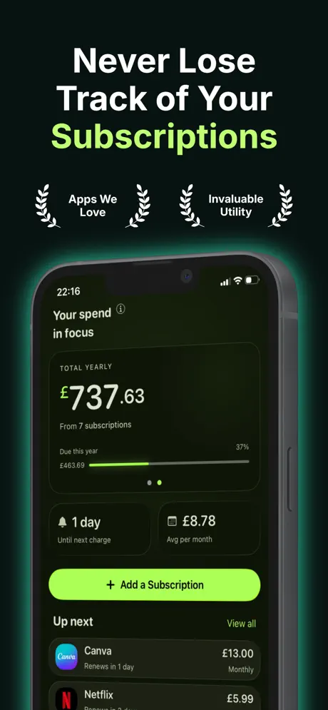 Subio - Subscription Organizer 订阅管理追踪器应用截图