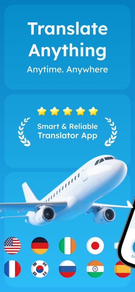 Live Talk Translator - The app's intuitive interface highlights broad language support through diverse national flags and an encouraging 5-star user rating.