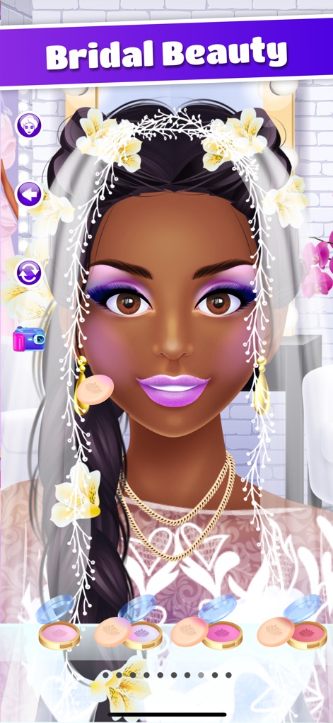 Wedding Makeover: Salon Games - The app celebrates diverse bridal beauty, presenting a stunning bride with a floral veil and captivating eye makeup.
