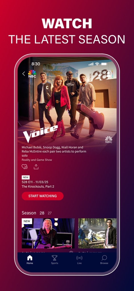 The NBC App – Stream TV Shows - The app facilitates easy access to new content, showcasing the latest season of popular shows like 'The Voice' and providing clear episode navigation within a specific season.