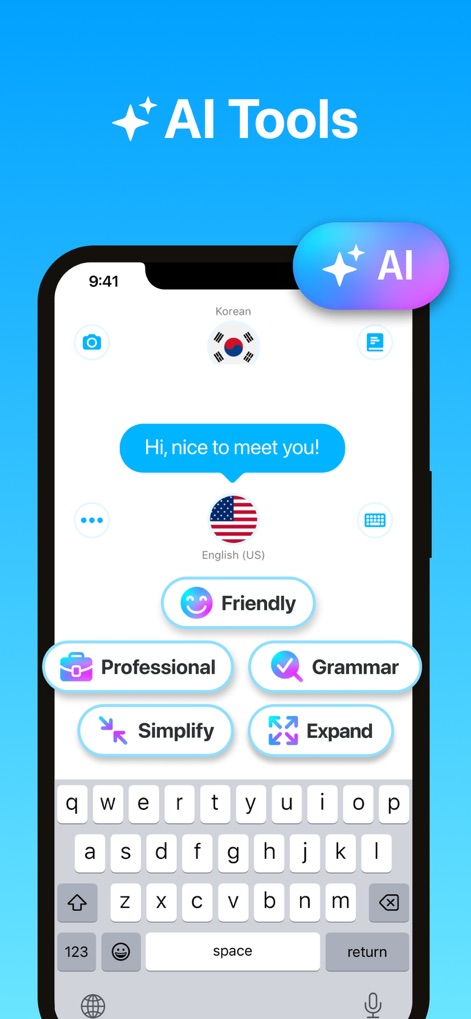 Dialog - Translate Speech - O aplicativo integra ferramentas de IA para refinar traduções, oferecendo opções como "Friendly" e "Grammar" para ajustar o tom e a precisão do texto.