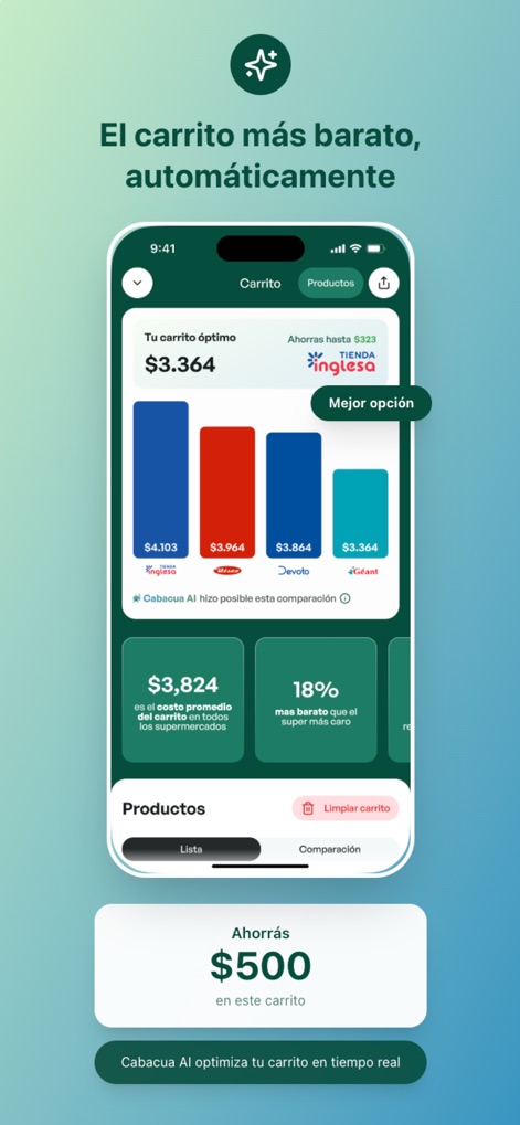 Cabacua - Users can explore how the app calculates the optimal shopping cart total across various stores and clearly displays the potential savings.