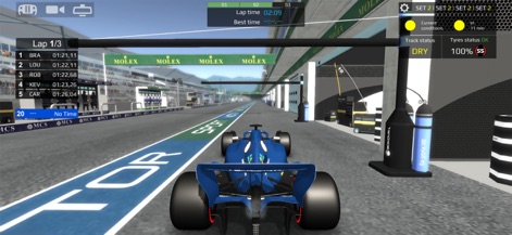 Fx Racer - Observe the car entering the pit lane and the detailed trackside environment, crucial for strategic pit stop management during a race.
