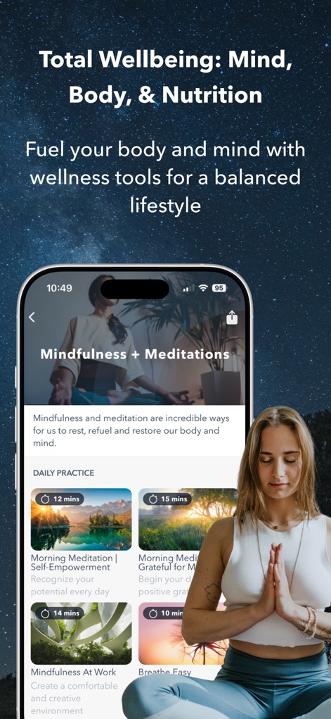 Sworkit Fitness & Wellness App - Explorez la section "Mindfulness + Meditations" avec des options comme la "Méditation du Matin" et des pratiques de "Pleine Conscience au Travail" pour un équilibre complet.