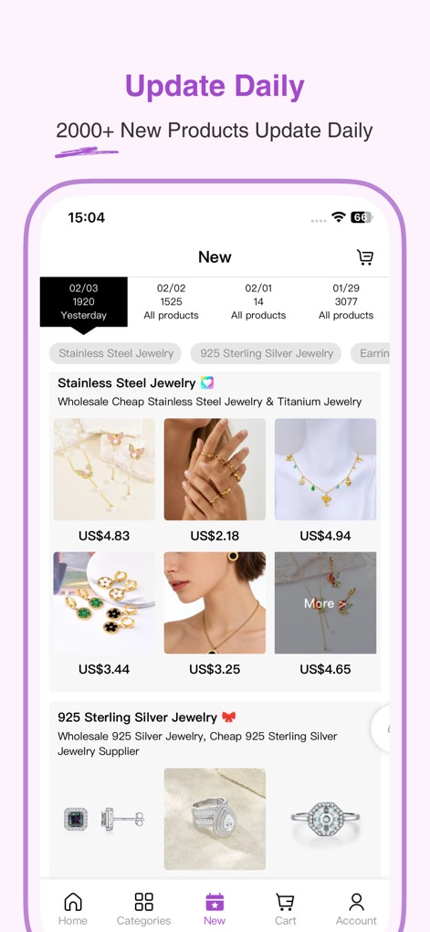 Nihaojewelry-Wholesale Online - Der 'New'-Tab zeigt die täglichen Produktaktualisierungen mit über 2000 neuen Artikeln und präsentiert die neuesten Edelstahl- und 925er-Silberschmuckstücke.