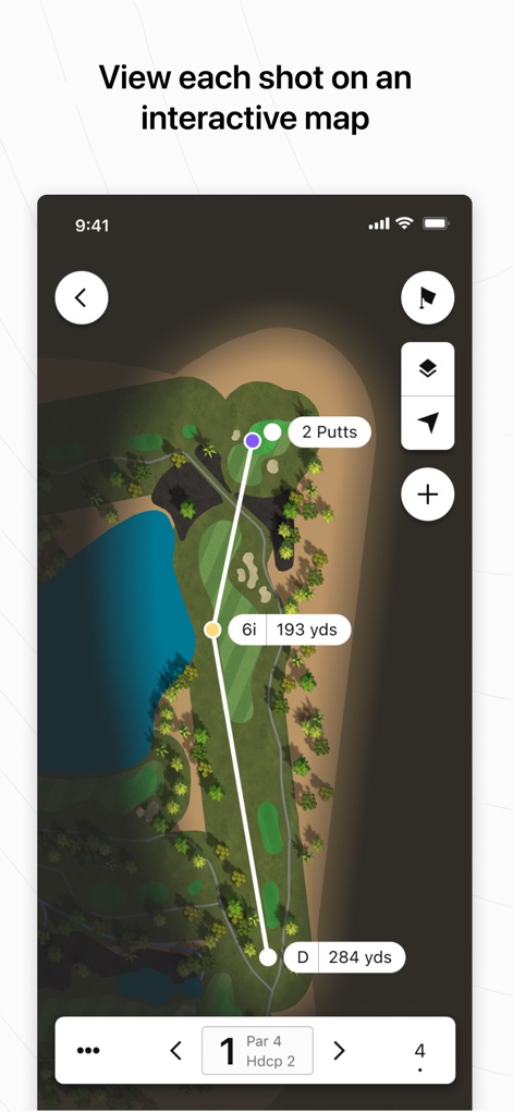 Garmin Golf - Die App visualisiert jeden einzelnen Schlag auf einer interaktiven Karte, wobei die genaue Flugbahn und die verwendete Schlägerwahl samt Distanz übersichtlich dargestellt werden.