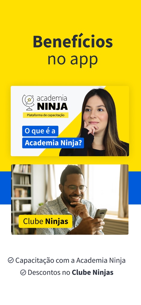 GetNinjas para Profissional - Cet outil offre des "Benefícios no app" significatifs, notamment l'"Academia Ninja" pour la formation continue et le "Clube Ninjas" proposant des réductions exclusives aux professionnels inscrits.