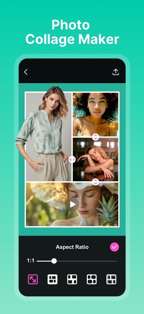 Collage Maker - Photos Editor - 사용자는 다양한 레이아웃 옵션을 통해 여러 사진과 비디오를 결합할 수 있으며, 1:1과 같은 다양한 화면 비율을 손쉽게 조절할 수 있습니다.