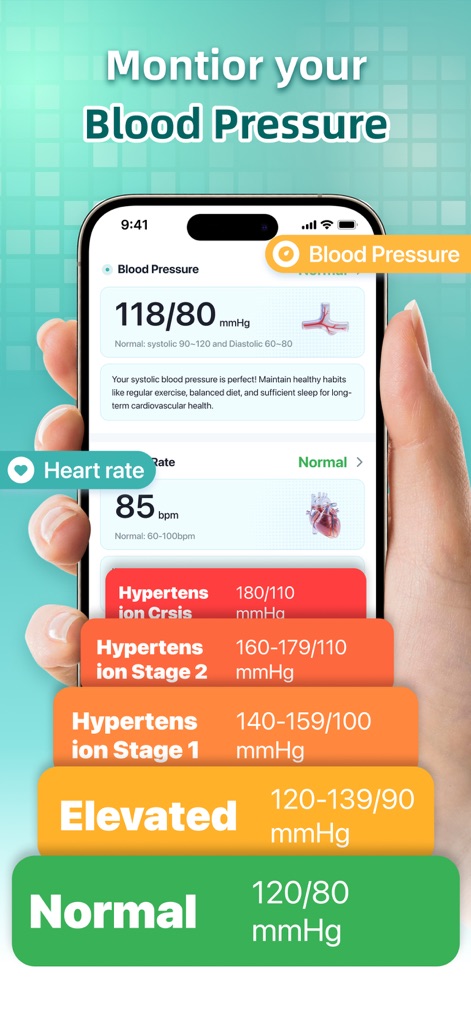 MyHealth: BP Tracker - Esta pantalla presenta el registro de la presión arterial, como '118/80 mmHg' clasificado como normal, junto con una escala visual que define claramente los rangos de presión elevada y las etapas de hipertensión.