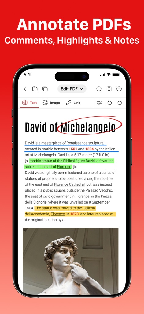 PDF Editor: Read, Scan & Sign - Explore the app's robust annotation capabilities, visible through the multiple text highlights and underlines, alongside the dynamic circling of the word "Michelangelo" for emphasis or correction.