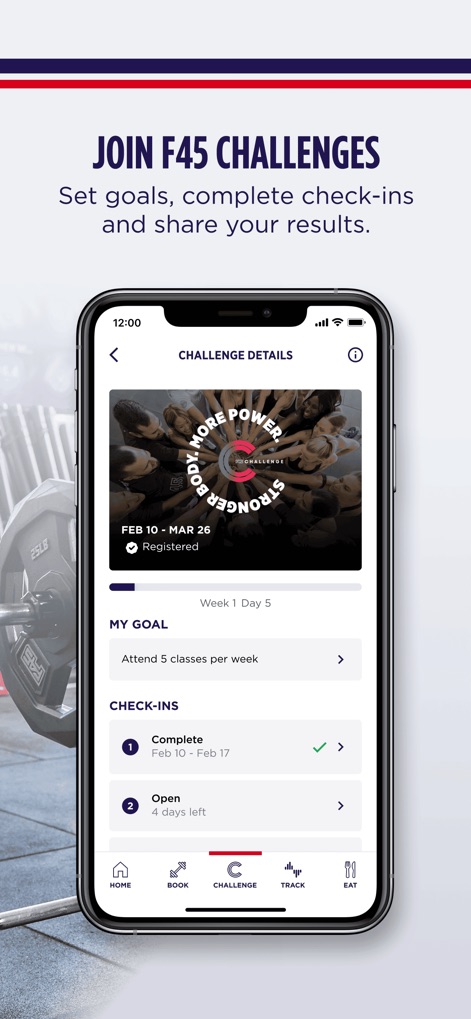 F45 Training - The app allows participants to register for F45 Challenges and track personal goals, including important check-in milestones.