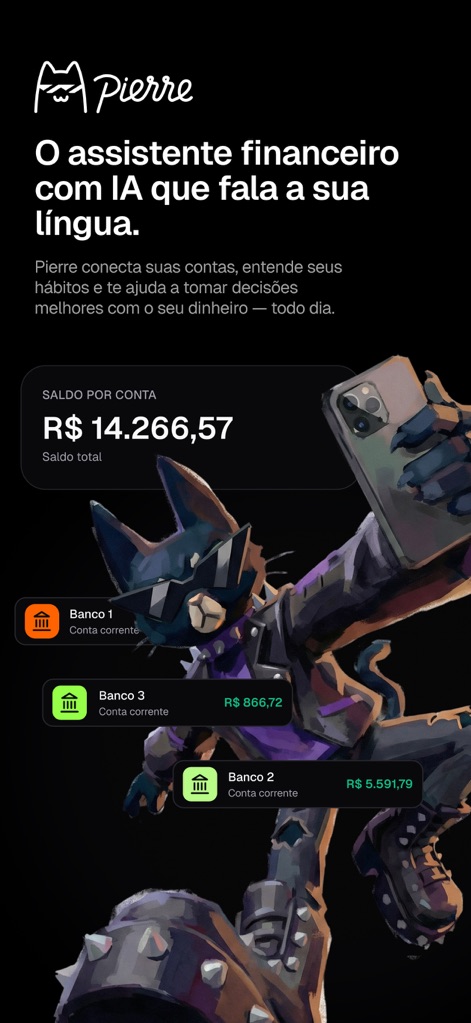 Pierre: Controle de gastos IA - O aplicativo exibe o saldo total consolidado e a distribuição de valores entre diferentes contas bancárias conectadas, como 'Banco 1' e 'Banco 3'.