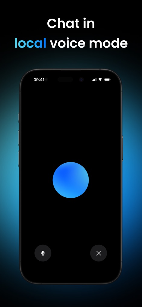 Locally AI - Local AI Chat - This view illustrates the app's intuitive local voice mode, featuring a prominent "blue circle" indicating active listening and a "microphone icon" for easy hands-free interaction.