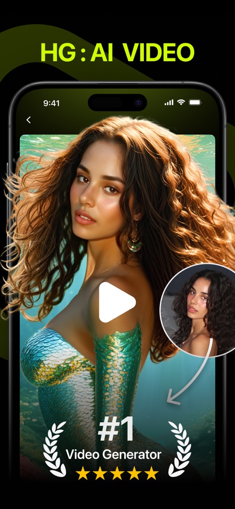 HG - AI Video Generator - See how HG - AI Video Generator transforms a simple profile picture into a stunning, imaginative AI video, proudly featuring its "#1 Video Generator" badge.