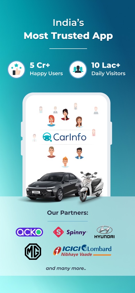 CarInfo - Vehicle Information - Explore the app's substantial user base and the extensive network of trusted partners displayed, affirming its market leadership.