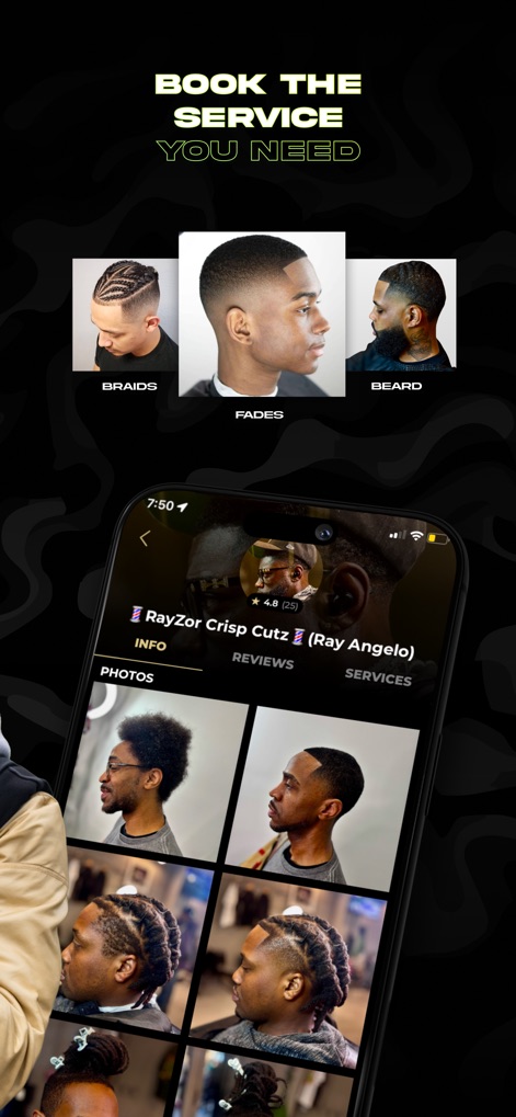 theCut: Barbershop Booking - The app allows users to specify desired services such as 'BRAIDS' or 'FADES' and browse extensive barber portfolios featuring high-quality style photos.