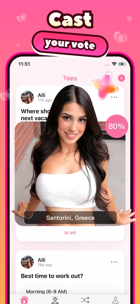 Tippy - Social - Esta tela demonstra o feed principal, onde os usuários podem votar ativamente em enquetes visuais, como a sugestão de destino para 'Santorini, Greece', com um claro indicador de progresso do voto de '80%'.