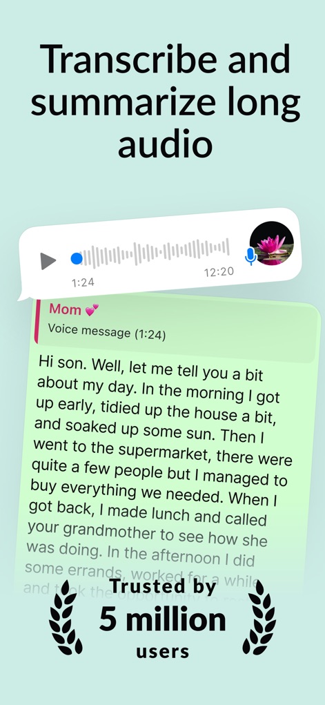 Zapia AI - Personal Assistant - Discover how Zapia AI converts lengthy audio recordings into readable text and provides a summary, with a clear voice message waveform and text transcription block.