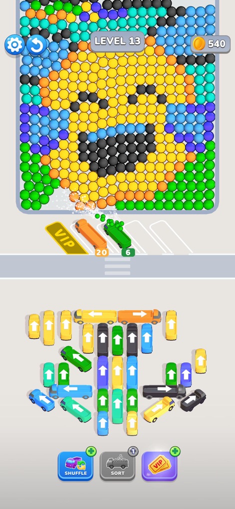 Bubble Bus: Parking Jam Puzzle - 黄色と黒を基調としたバブルのデザインが目を引き、緑と黄色の車両が多数見られる駐車パズルが提示されています。