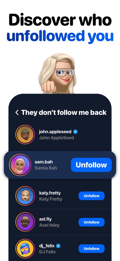 Reports+ Followers Unfollowers - Discover who has unfollowed your profile through a clear list of identified accounts, each featuring their 'profile picture' and an immediate 'Unfollow' button for swift action.