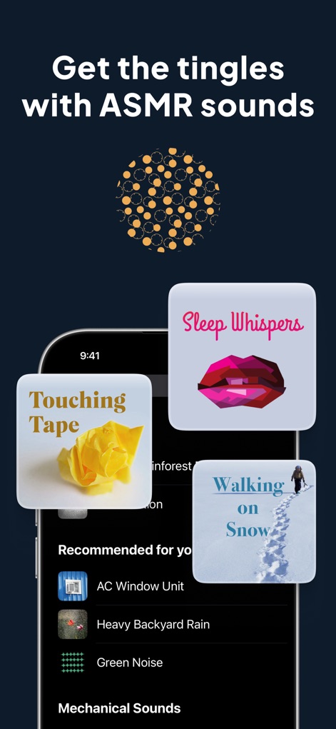 White Noise Deep Sleep Sounds - La aplicación sumerge a los usuarios en experiencias sensoriales con sonidos ASMR específicos, presentando opciones como "Touching Tape" y "Walking on Snow" para inducir tranquilidad.