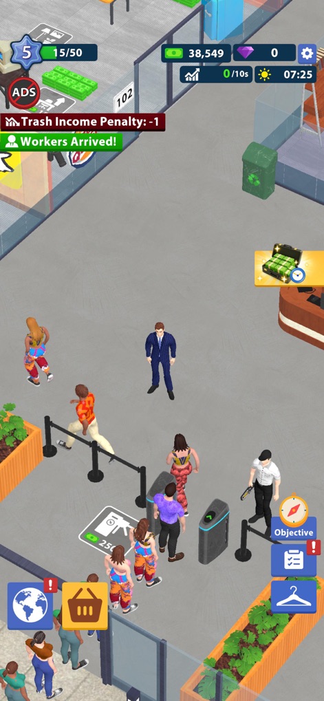 Office Life!: Tycoon Games - Witness the bustling office entrance and employee arrival process, alongside the comprehensive top-bar UI tracking vital business metrics.