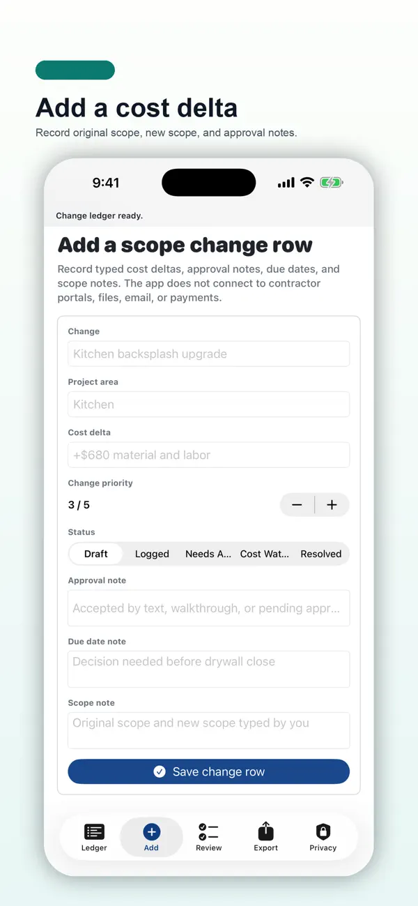 Screenshot #2 pour Scope Change Cost Ledger