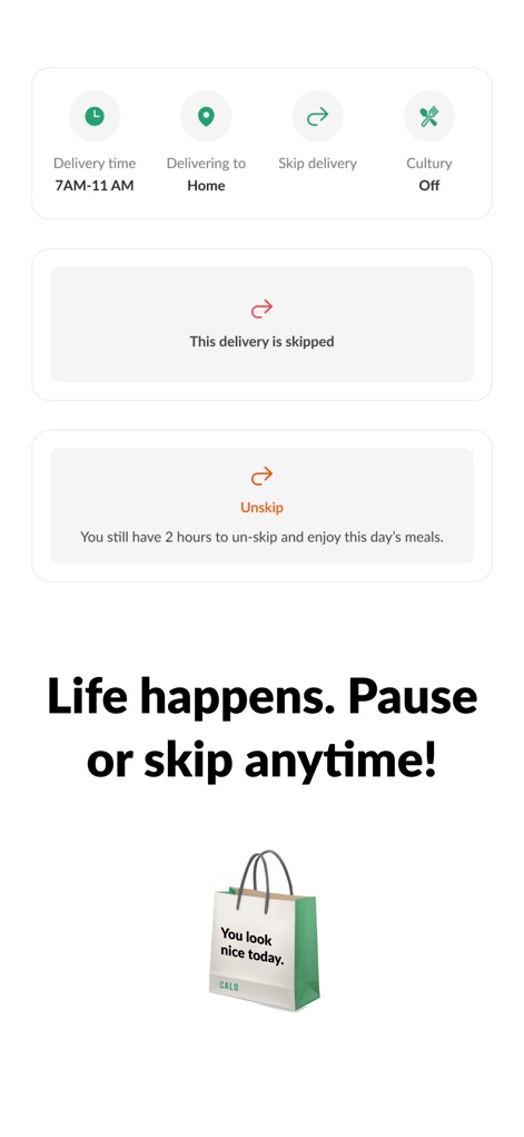 Calo - كالو - This tool offers robust subscription management options, allowing users to easily 'skip delivery' or 'unskip' future meal plans with just a few taps.