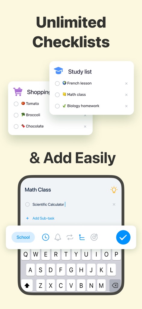 Todoery - Todo List & Reminder - The app facilitates quick creation of 'unlimited checklists' and includes an intuitive 'Add Sub-task' option for complex projects.