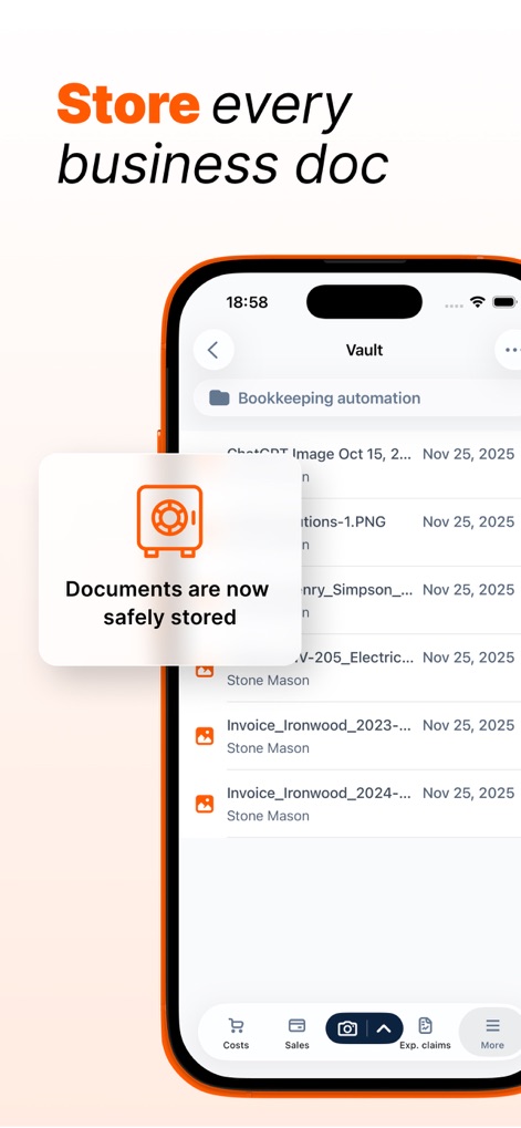 Dext: Expense Tracker App - 全てのビジネス書類を安全に保管する機能を示しており、「Documents are now safely stored」という確認メッセージが表示され、保管されているファイルが「Vault」画面にリスト表示されています。
