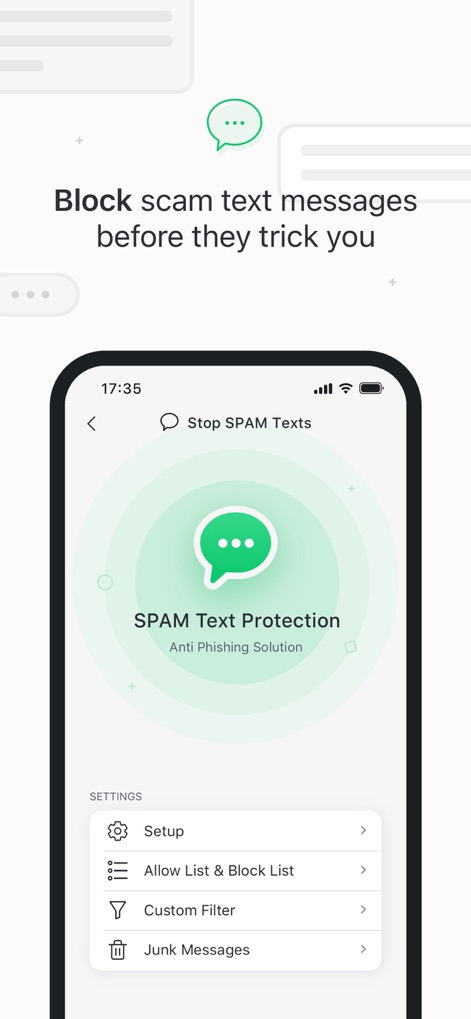 TotalAV - Discover the robust "SPAM Text Protection" feature, clearly labeled as an "Anti Phishing Solution", and its configurable "Allow List & Block List" options.
