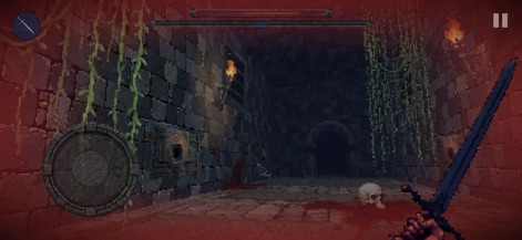KnightBound - Dark Fantasy - Navigate perilous dungeon depths, marked by bloodied floors and skeletal remains, capturing the intense dark fantasy atmosphere and challenging exploration inherent in the app.